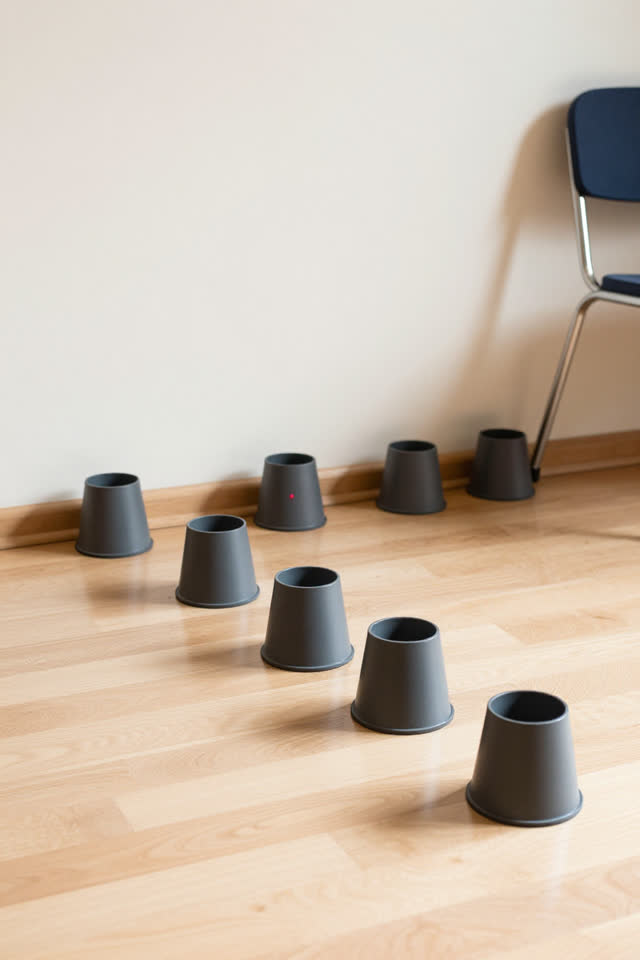 A bright community music-room storage corner with a pale maple floor and blank cream wall. Several gray-black rubber cas