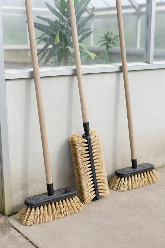 A bright entry-cleaning station at a community greenhouse, cropped away from any door or threshold. Three plain boot-cle