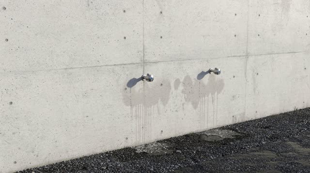 An open-air municipal water-testing yard after rain, empty of people and with no readable labels. A broad pale concrete