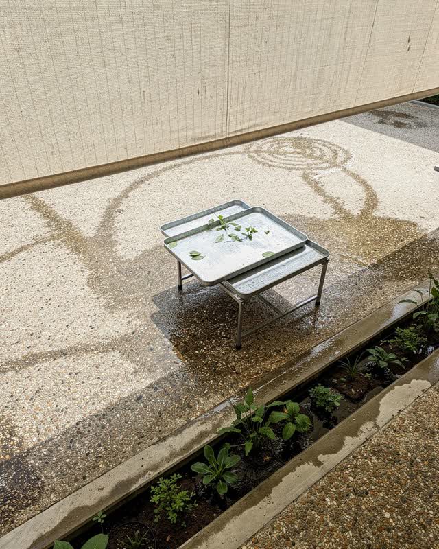 A small service courtyard shared by a clinic garden and maintenance wash station after rain, empty of people. A pale sha