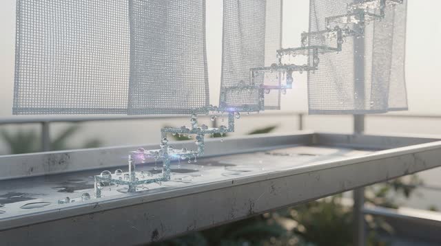An imagined rooftop drying pavilion at early morning, empty and luminous, with suspended translucent mesh screens above