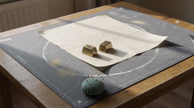 A civic textile-repair room after volunteers have left, empty of people and with no readable labels or text. A broad blu