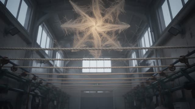 An imagined municipal laundry loft at early blue hour, cleared and airy, empty of people. Clean cloth has been taken dow