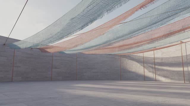An imagined open-air community loom court at late afternoon, cleared after weaving practice and empty of people. Suspend