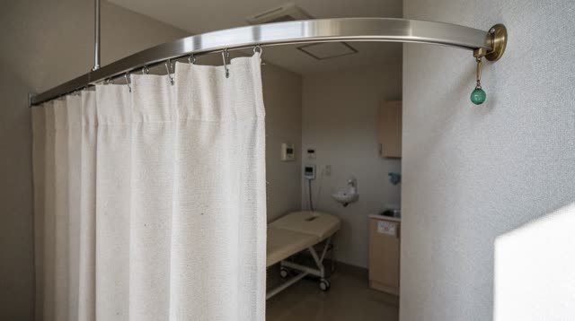 A small clinic exam room after visiting hours, clean, empty of people, and with no readable charts or labels. A curved a