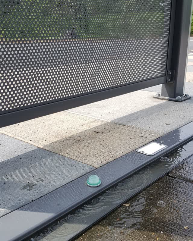 A quiet bus shelter after rain, empty of people, with no route maps, readable advertising, or signage. A perforated matt