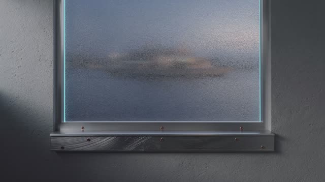 An imagined indoor ferry waiting wall at blue hour, empty of people, with no ropes, lockers, route maps, readable signag