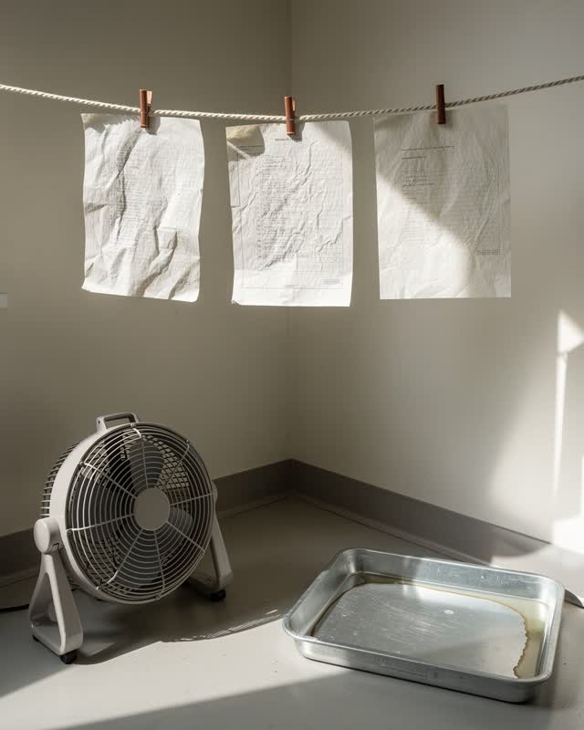 A municipal forms drying room after a small rain leak was handled, empty of people, with no books, shelves, storage bins