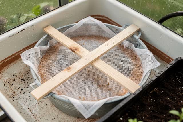 A small greenhouse utility sink area used for rinsing soil trays, clean but not sterile. A fresh square of warm white fi