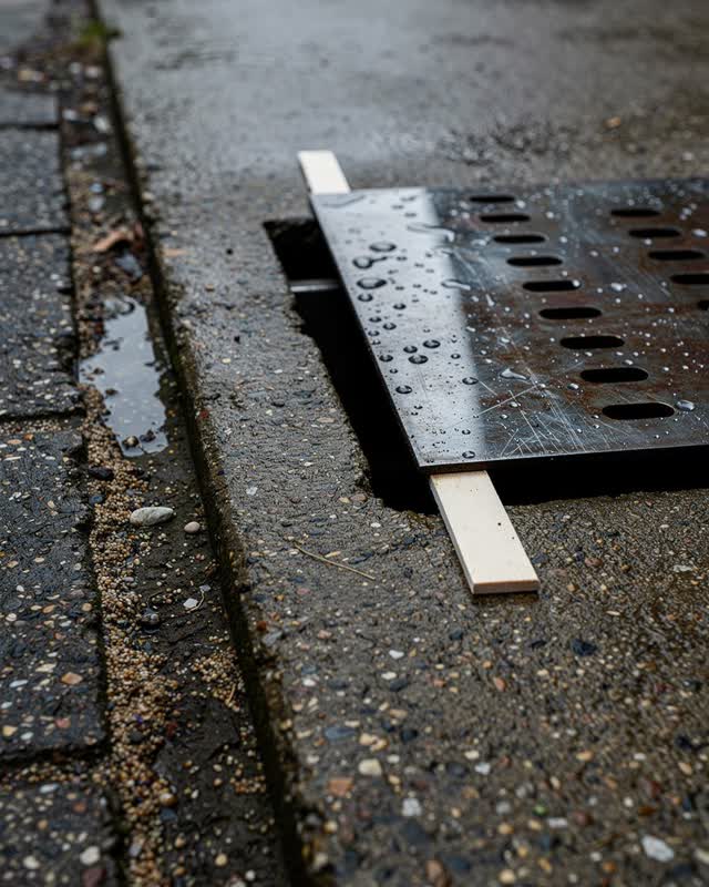A back service yard beside a community kitchen after rain, cropped low and empty. A slightly warped rectangular dark ste