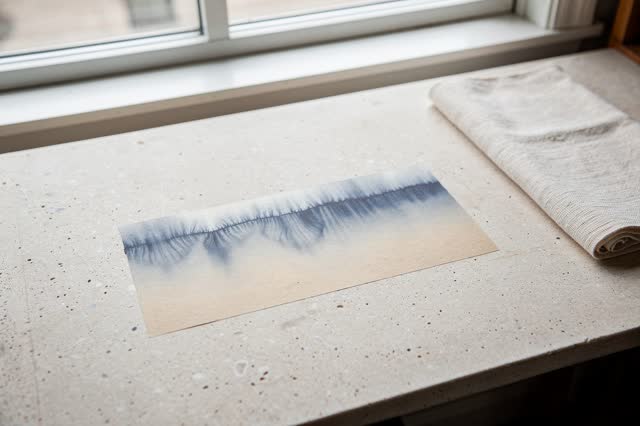 A community print drying table beside a high north window after cleanup. The pale stone tabletop is mostly empty, holdin