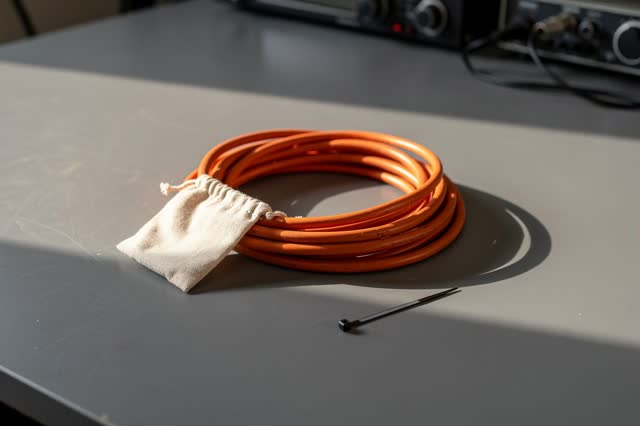 A small radio club workroom after a broadcast workshop, calm, clean, and empty of people. One neatly coiled orange exten
