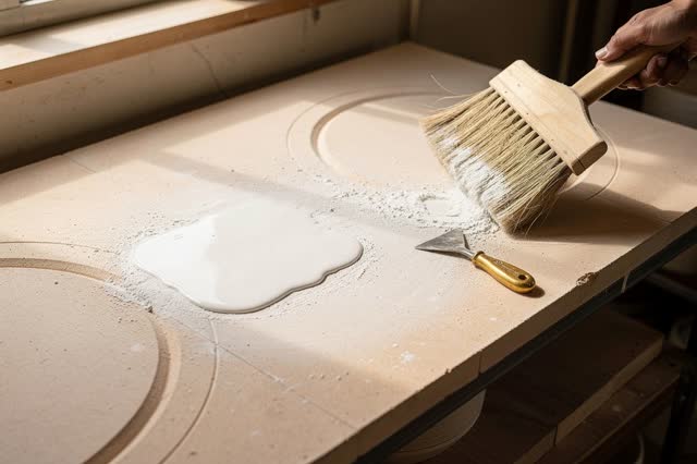 A community ceramics kiln room after unloading, warm, orderly, and empty of people. A pale kiln shelf is being brushed c