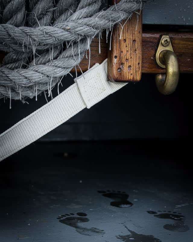 A ferry rope locker after rain, cropped close, with no ferry shelter, signage, or open water visible. One salt-gray damp