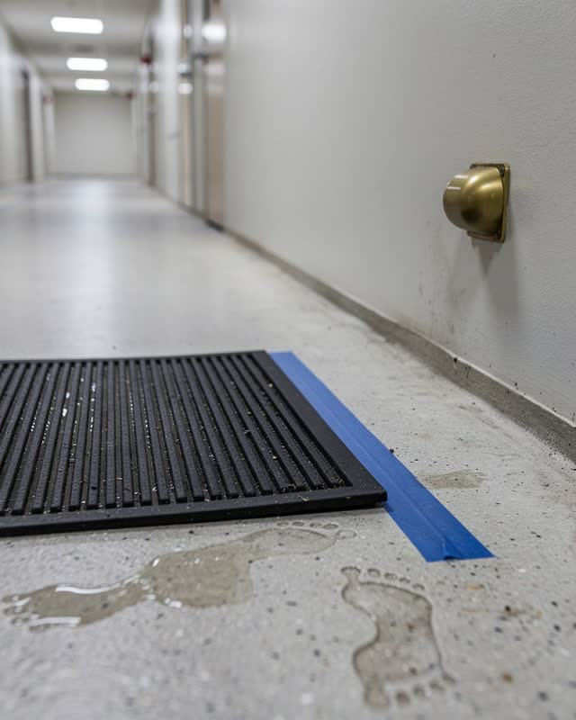 A clean service hallway outside a community room after rain, empty of people, with no readable signs and no doorway thre