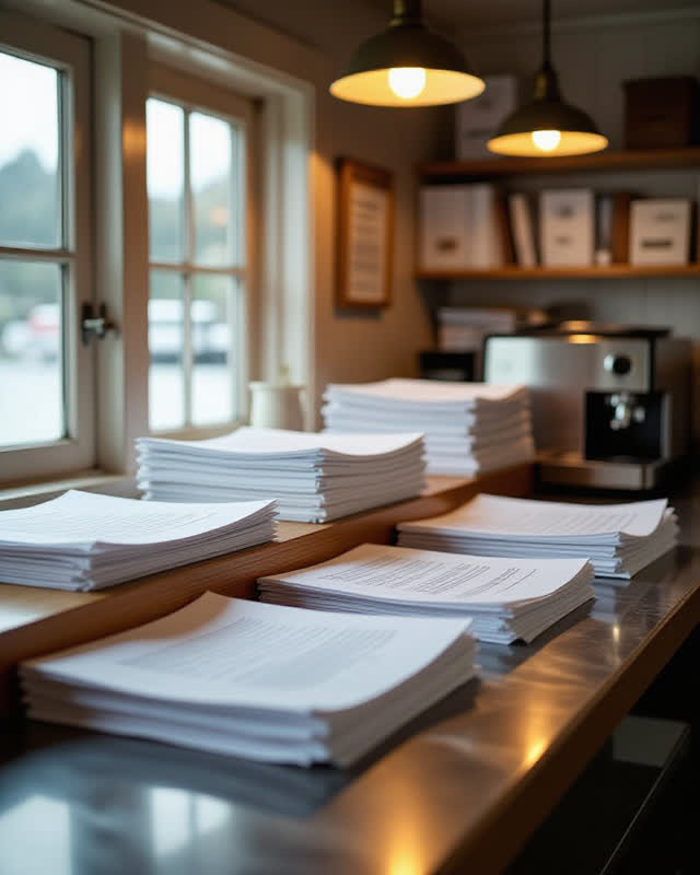 A small ferry-terminal document drying counter after rain, distinct from a library and with no readable text. A few blan