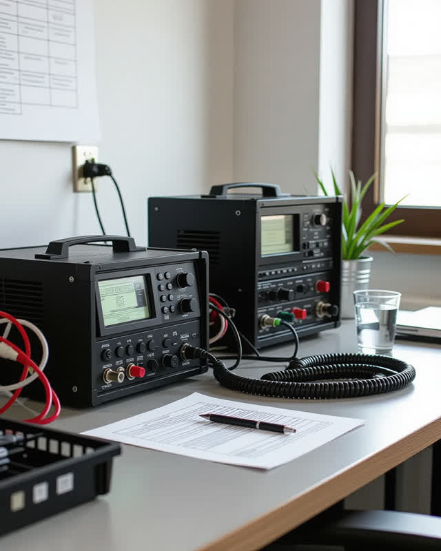 A volunteer emergency-radio training room after practice, empty of people, not a dashboard or control room, with no read