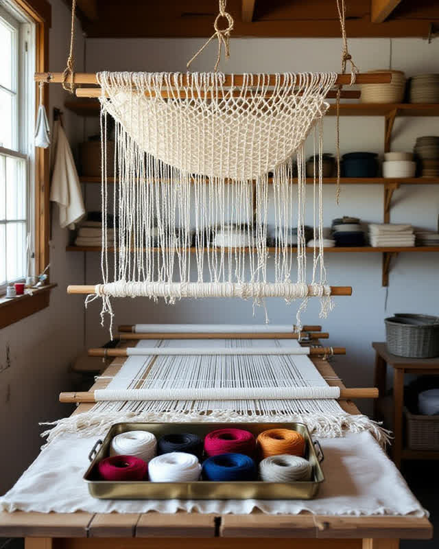 A community loom room after practice, empty of people, with no storage bins, shelves, or readable pattern cards. Cream c