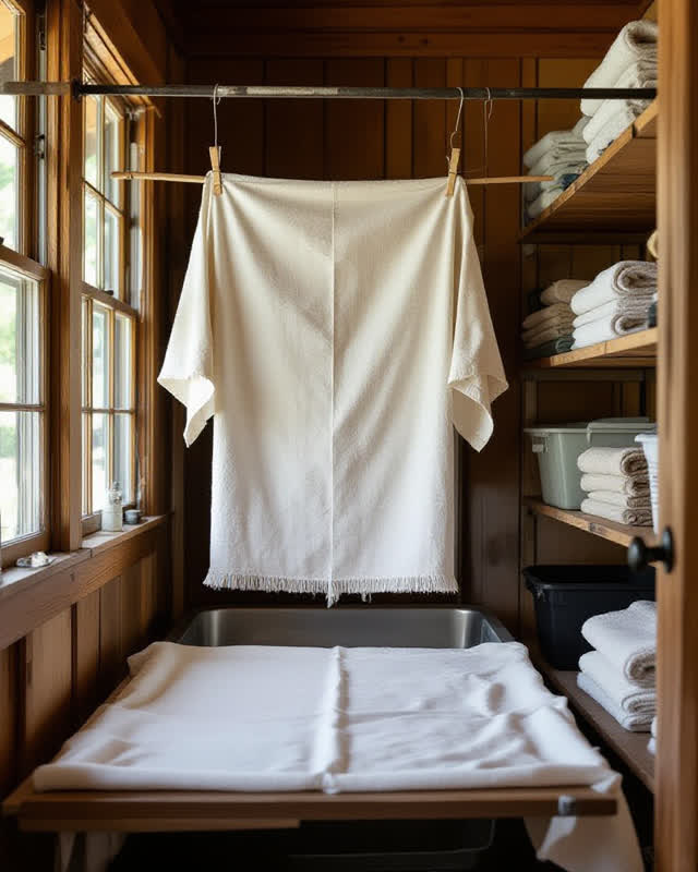 A small textile dye porch after workshop cleanup, empty of people, with no loom, darkroom equipment, laundry rails, stor