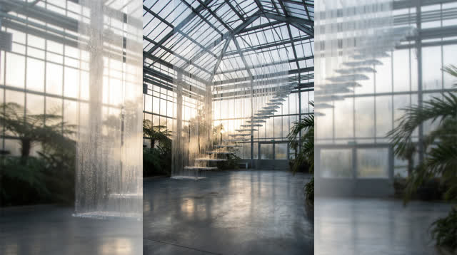 An imagined glass-roofed plant laboratory at early morning, empty and luminous. Suspended clear panes hold uneven conden