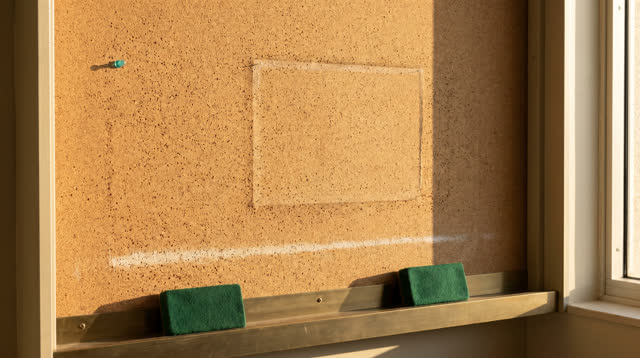 A sunlit civic map-preparation alcove after morning use, empty of people and with no readable maps or labels. A broad gr