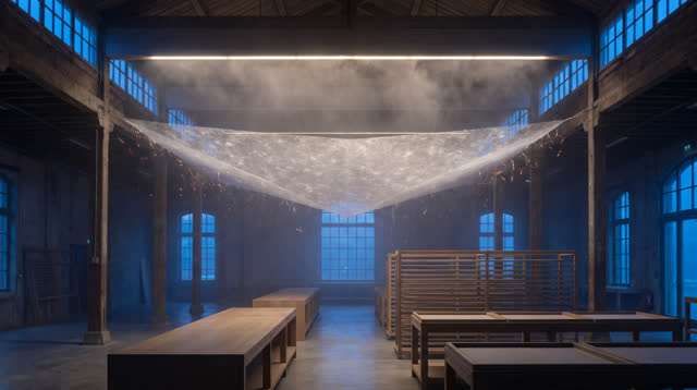 An imagined high-ceiling civic craft hall at early blue hour, cleared after a paper-making workshop. Empty drying frames