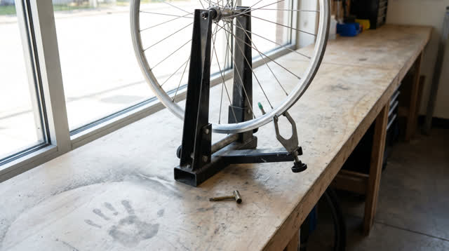 A community bicycle co-op repair bay after a morning class, empty of people and with no readable posters or labels. A si
