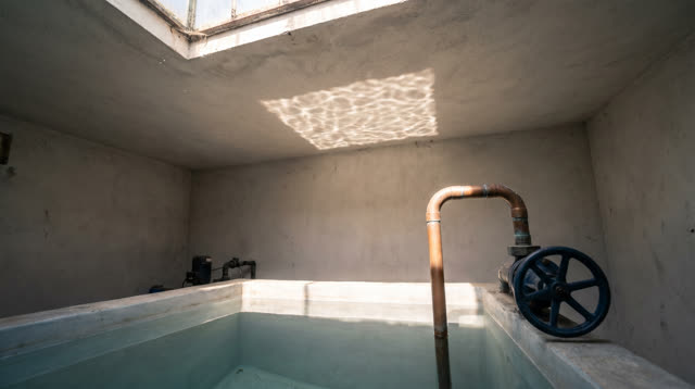 An imagined quiet pool equipment room after maintenance, empty of people, with an open service basin and no tiled washro