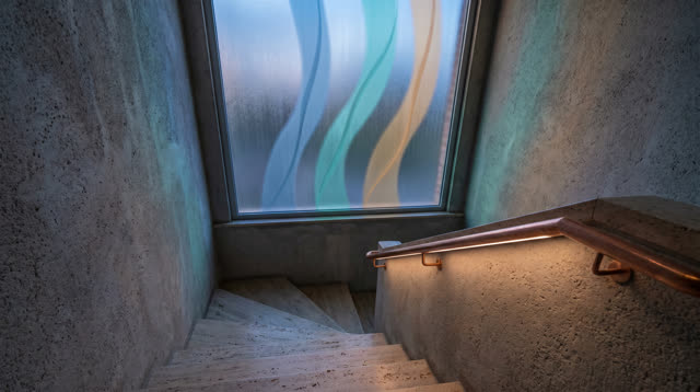 An imagined observatory side stairwell at blue hour, empty of people, with no prism, telescope, chart, or readable text