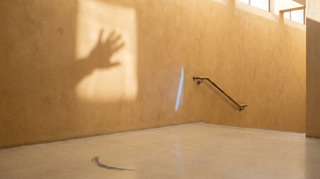 An imagined sunlit civic foyer, empty of people, with a plain warm plaster wall and pale floor, no transit signs, maps,