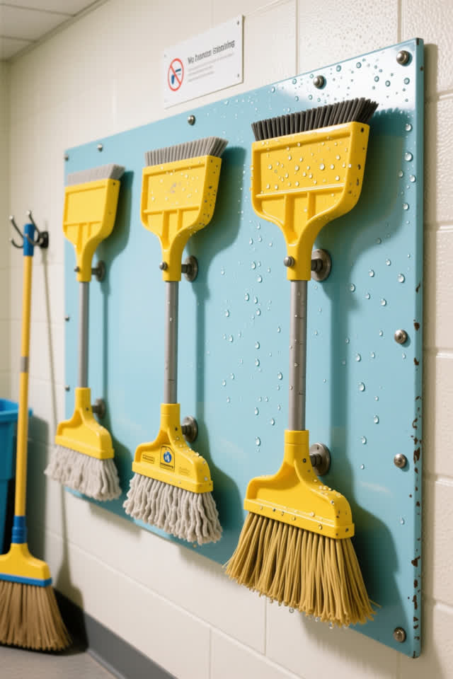 A bright janitor training alcove with clean equipment cropped close and no signage. Three rubbed safety-yellow mop wring