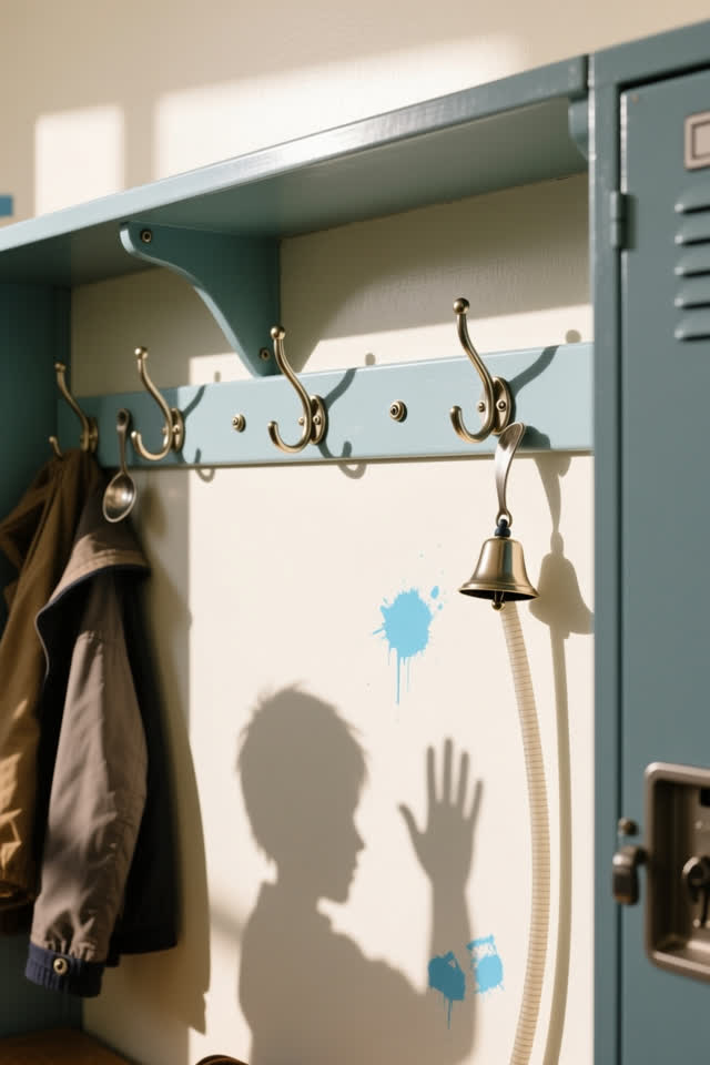 A bright school hallway cloak alcove after dismissal, cropped away from lockers, labels, and readable text. Three plain