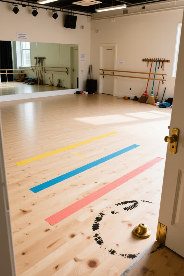 A small rehearsal studio floor after practice, empty of people, with no stage props, mirrors, readable labels, or clutte