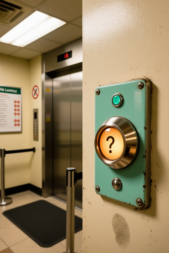 A small civic elevator landing after hours, empty of people, with no readable directory, no transit signs, no rubber flo
