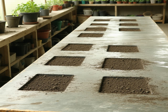 A community greenhouse potting room after trays have been moved outside. A broad dull zinc-topped potting table sits mos