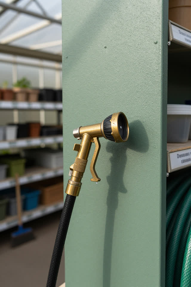 A public garden tool checkout wall after closing, empty of people, with no greenhouse, potting bench, hose coil, shelves