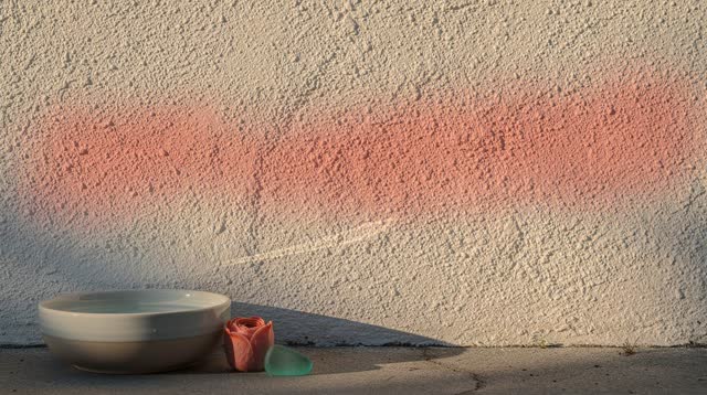 A quiet sunlit garden wall with a shallow ceramic water bowl nearby, empty of people, with no greenhouse, potting bench,