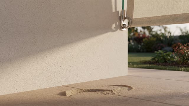 An open stucco breezeway beside a small public garden after people have passed through, empty of people, with no benches