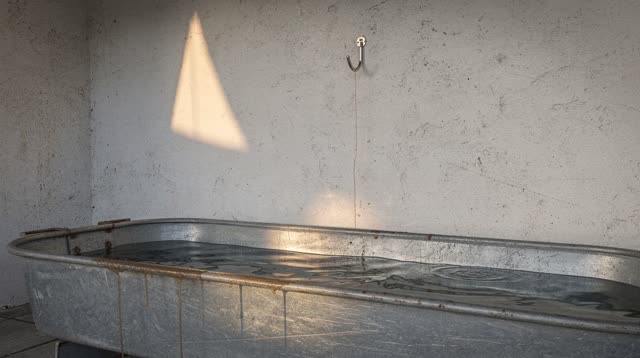 A boatless wash shed with a shallow zinc rinse trough and a salt-white wall, empty of people, with no boats, ropes, read