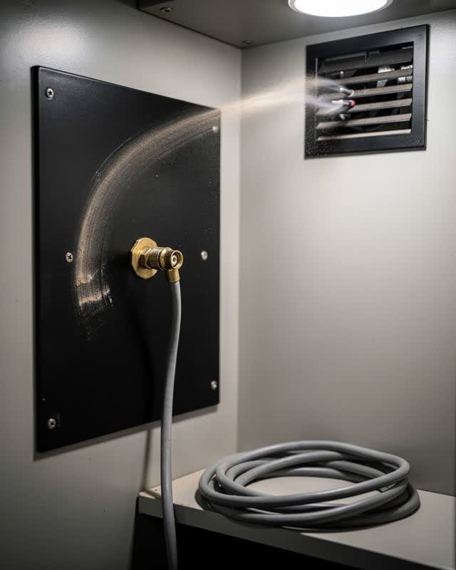 A small community radio maintenance alcove after a cable test, empty of people, with no control-room dashboard, many cab