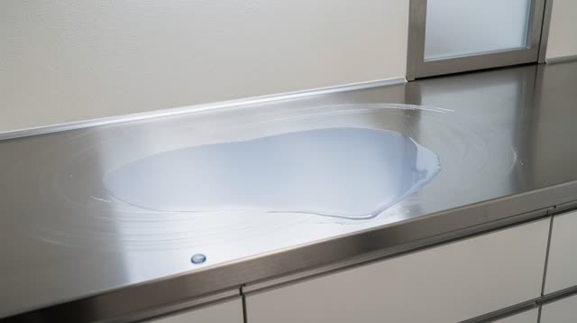 A quiet clinic sample pass-through counter after cleaning, empty of people and with no medical specimens visible, no rea