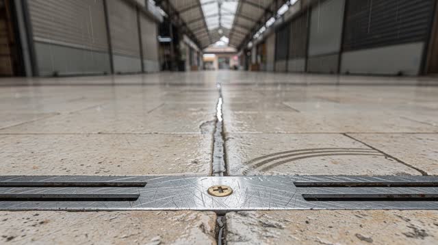 A covered market walkway after a brief rain, stalls closed and empty, with no readable stall signs, crates of goods, rai