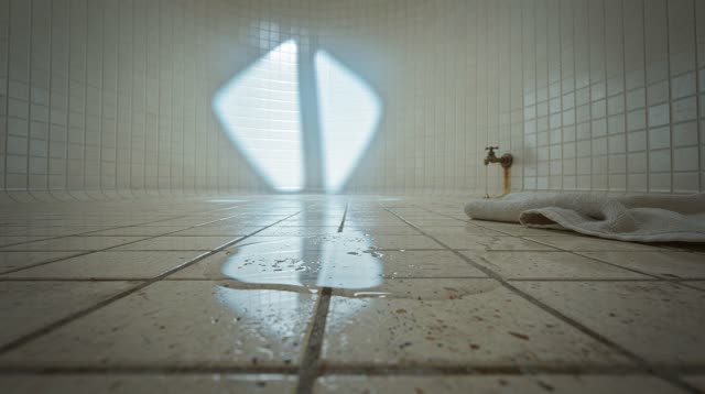 A quiet tiled public bath anteroom after cleaning, empty of people, with no clinic pass-through, garden wall reflection,