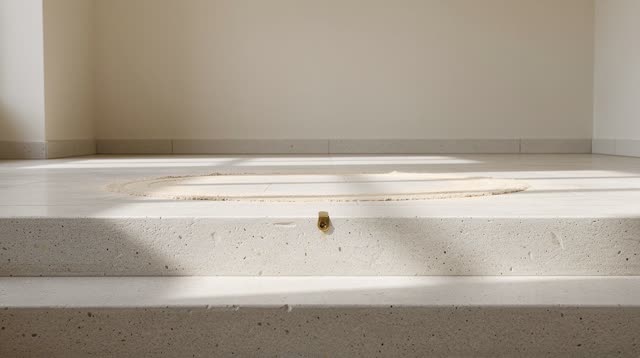 A public interior stair landing after morning cleaning, empty of people, with no prominent handrails, ropes, plaques, fl