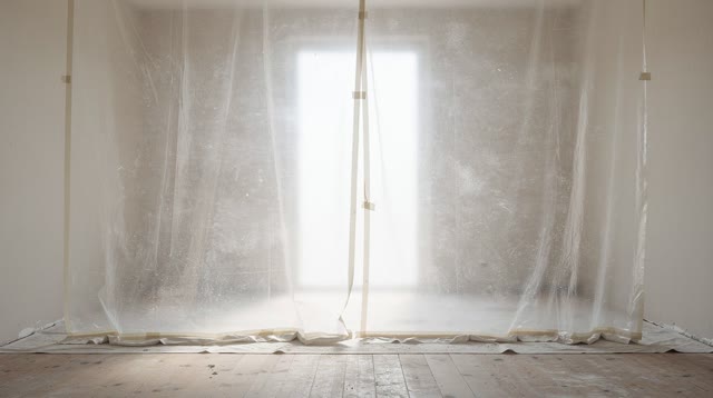 An empty renovation room with a translucent plastic dust curtain, no staged tool clutter, readable markings, mirror, ket