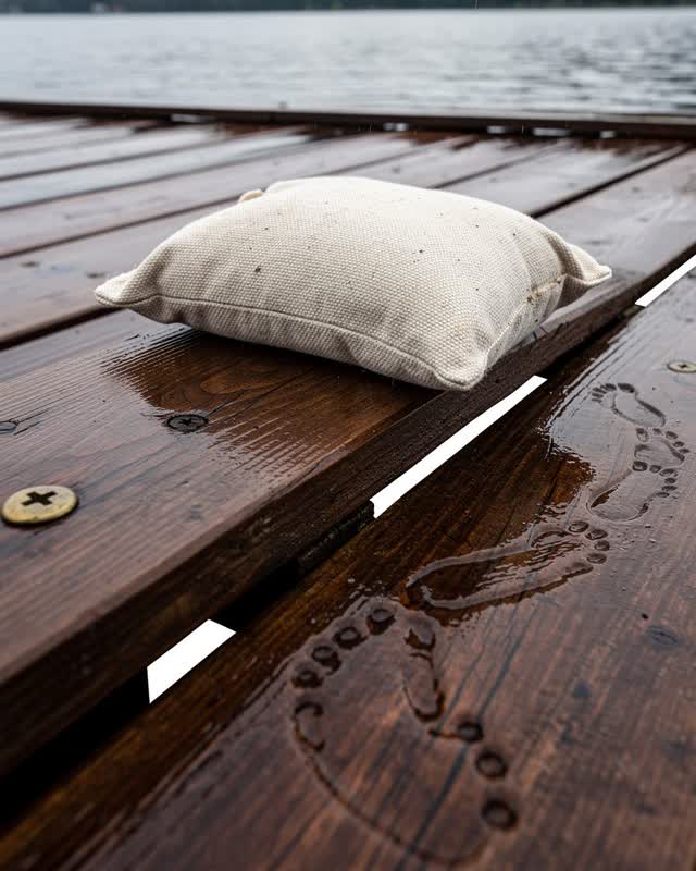 A clean waterfront-adjacent wooden walkway after rain, empty of people, with no ferry, ropes, lockers, loading bay, rubb
