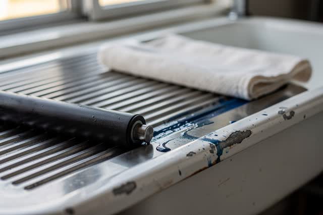 A clean printmaking sink edge after rinsing, empty of people, with no paper hanging on lines, crumpled papers, readable