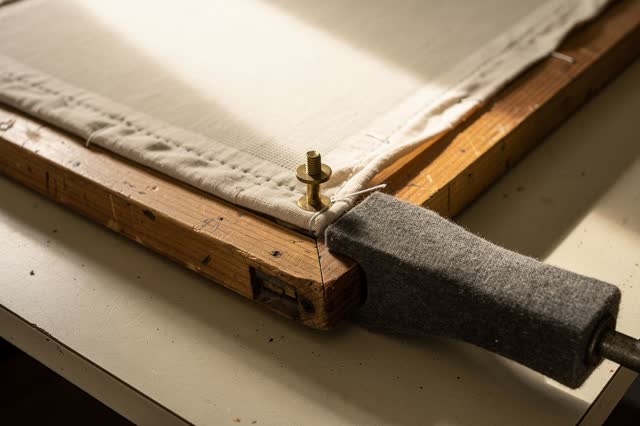 A warm textile conservation table after a cloth panel shifted in its stretcher frame, empty of people, with no wicker st