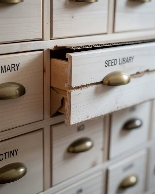 A seed library drawer cabinet after humid weather, empty of people, with no readable seed labels, shelves full of packet