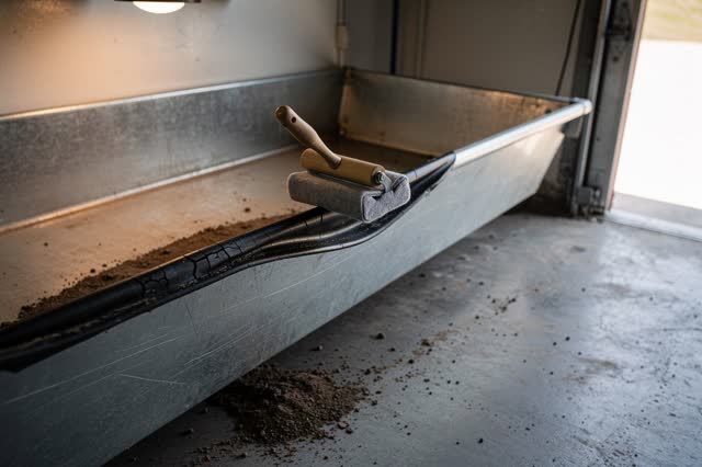 A quiet firehouse boot-wash alcove after gear cleaning, empty of people, with no readable labels, rows of tools, laundry